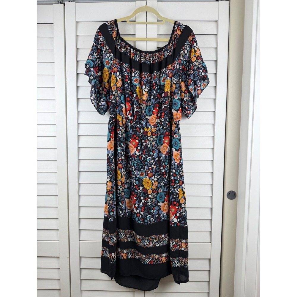 LOFT Floral Midi Dress XL Black Short Sleeve Elastic Neck Flutter Sleeve
